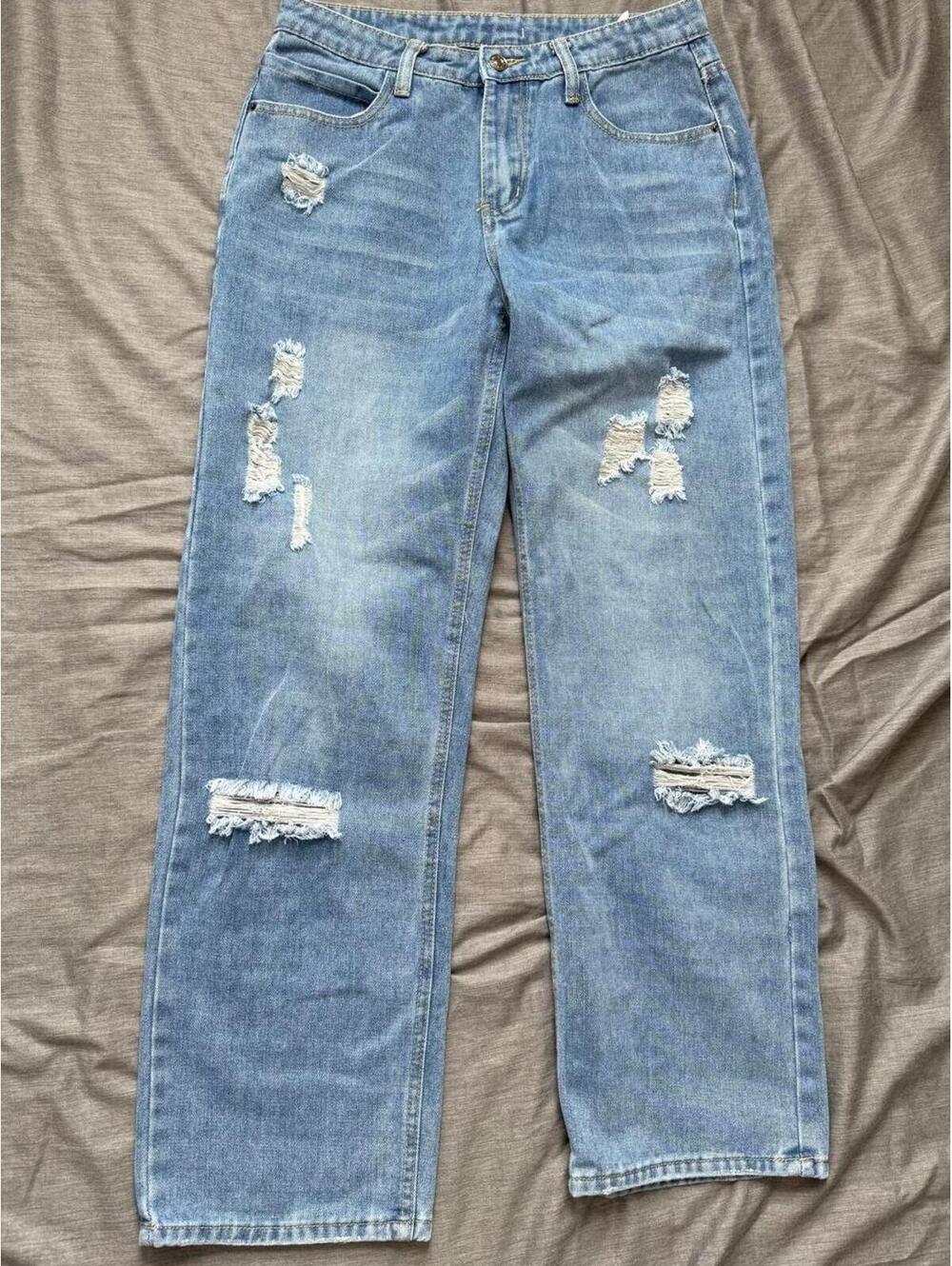 Womens Size Small Mid Rise Distressed Straight Leg Denim Jeans Light Wash